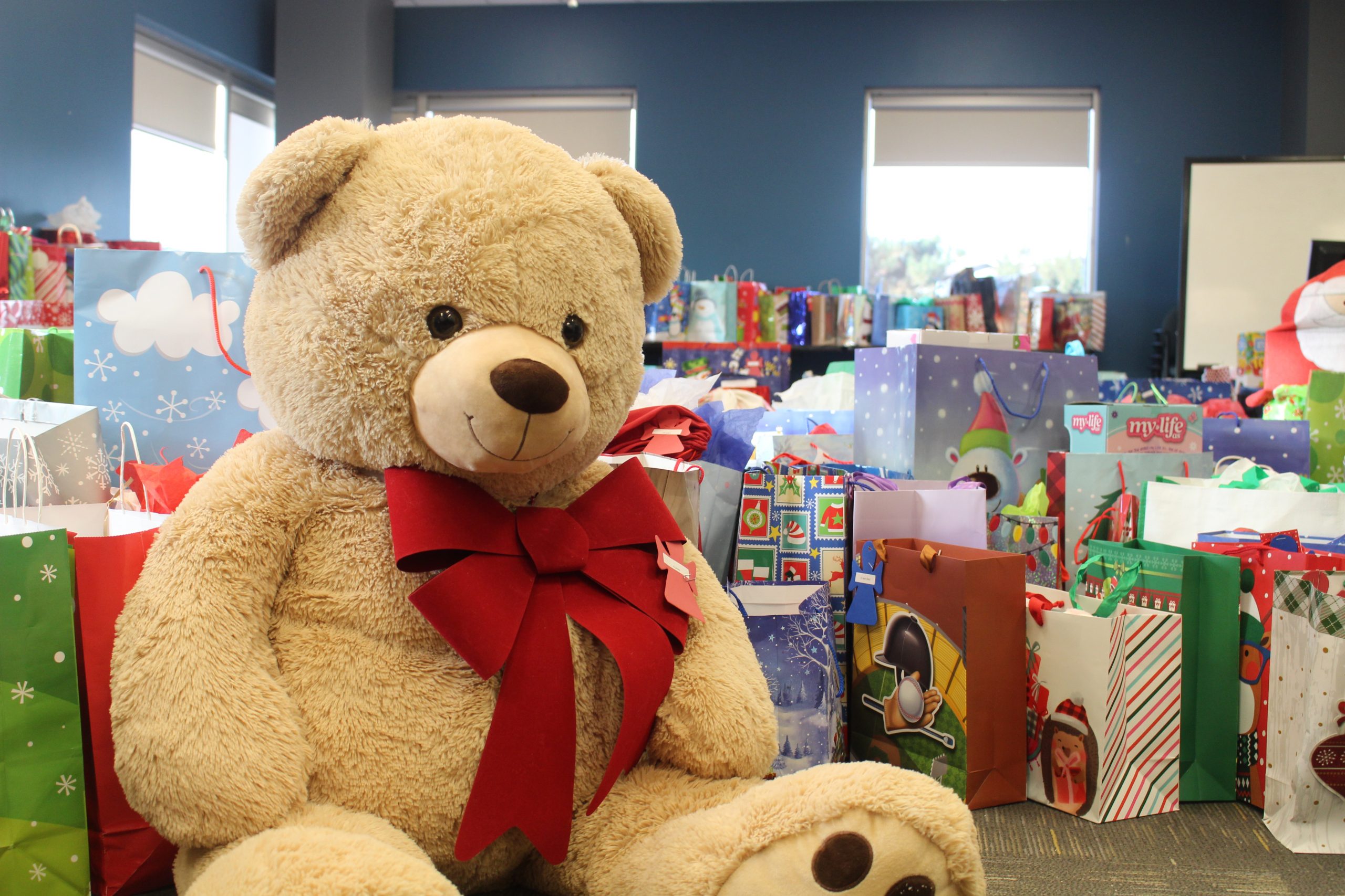 large teddy bear and a pile of gifts donated to children in Ottawa